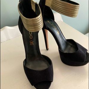 Aldo Black Velvet Platform Heels with Gold Ankle Cuff